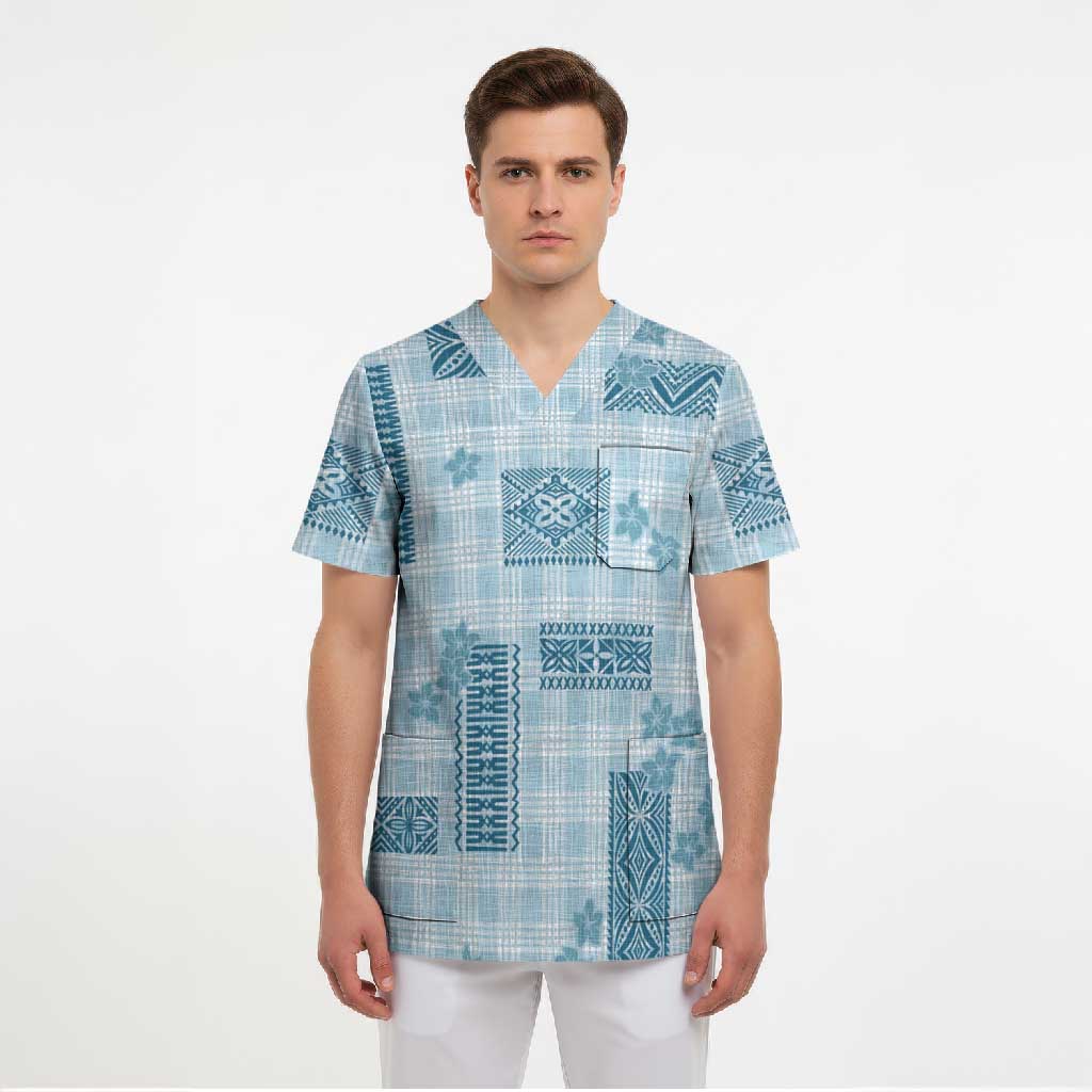 Hawaiian Quilt Tapa On Cold Blue Palaka Motifs Scrub Top LT7 - Polynesian Pride