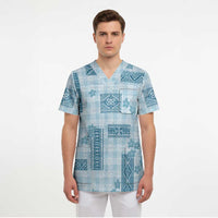 Hawaiian Quilt Tapa On Cold Blue Palaka Motifs Scrub Top LT7 - Polynesian Pride