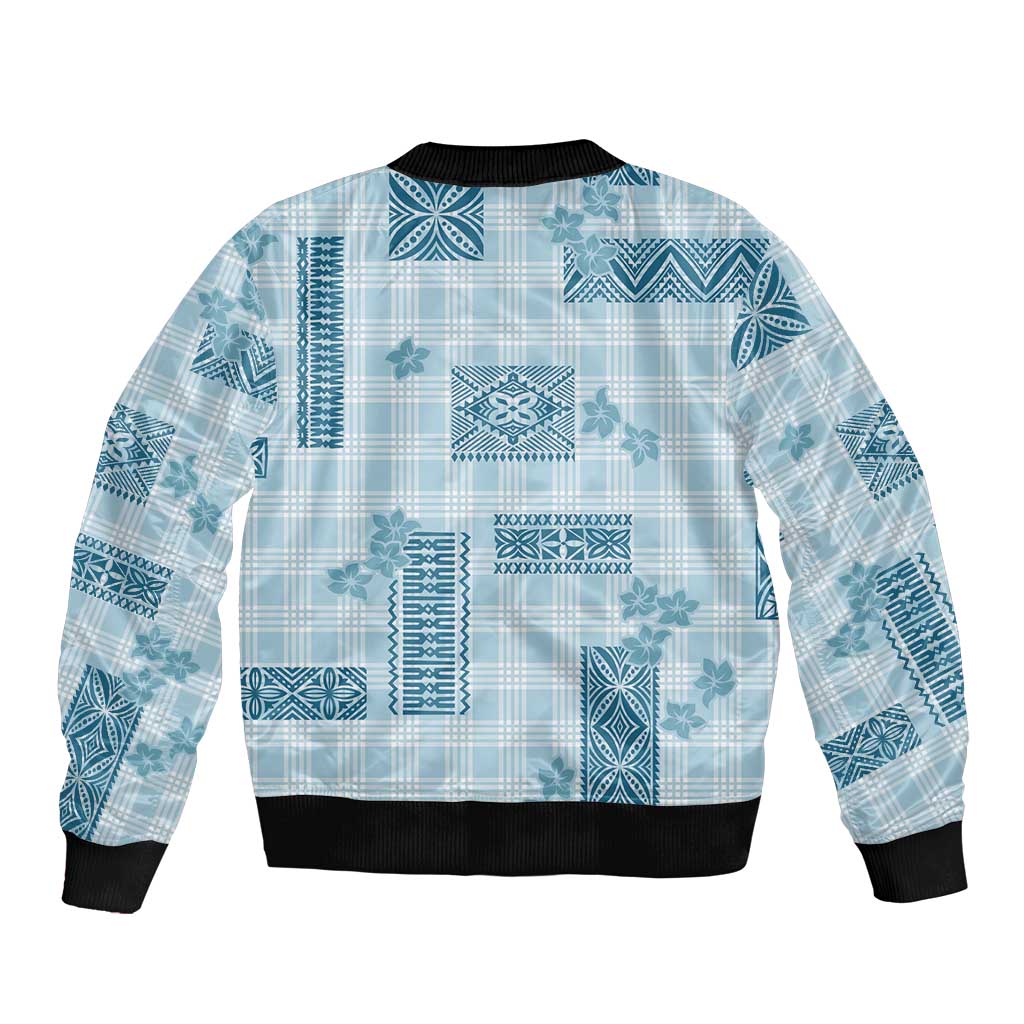 Hawaiian Quilt Tapa On Cold Blue Palaka Motifs Sleeve Zip Bomber Jacket