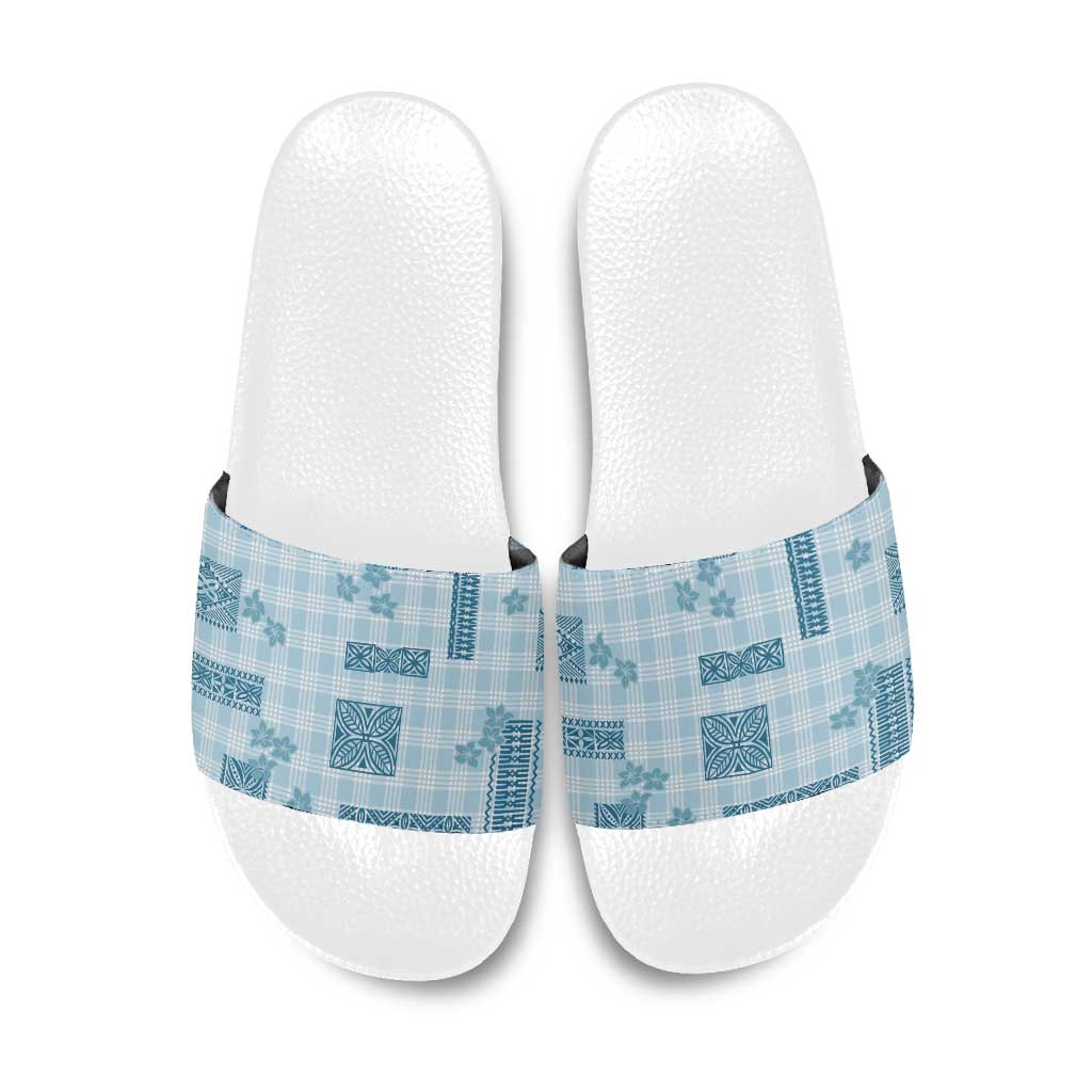 Hawaiian Quilt Tapa On Cold Blue Palaka Motifs Slide Sandals LT7 Azure - Polynesian Pride