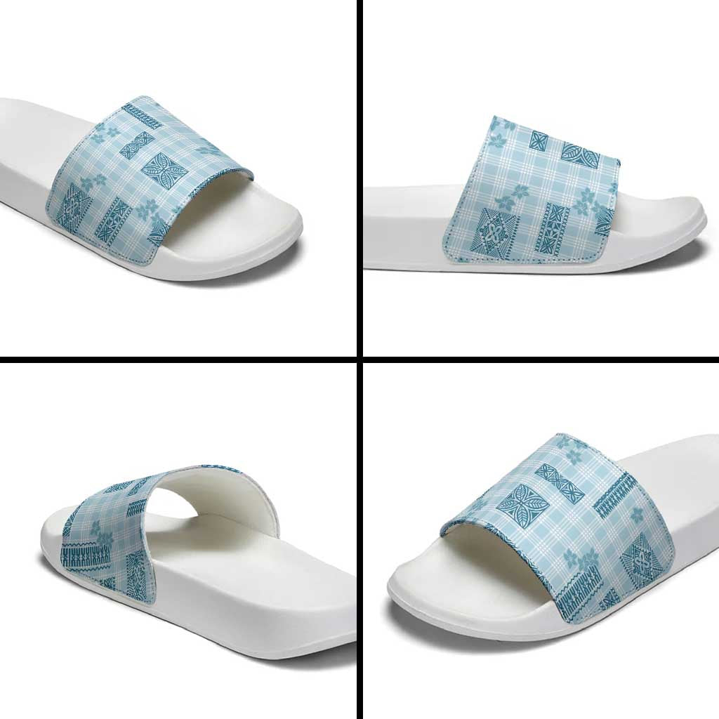 Hawaiian Quilt Tapa On Cold Blue Palaka Motifs Slide Sandals LT7 - Polynesian Pride