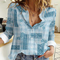 Hawaiian Quilt Tapa On Cold Blue Palaka Motifs Women Casual Shirt LT7 Female Azure - Polynesian Pride