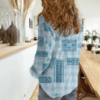 Hawaiian Quilt Tapa On Cold Blue Palaka Motifs Women Casual Shirt LT7 - Polynesian Pride