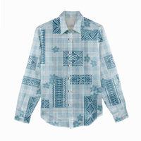 Hawaiian Quilt Tapa On Cold Blue Palaka Motifs Women Casual Shirt LT7 - Polynesian Pride