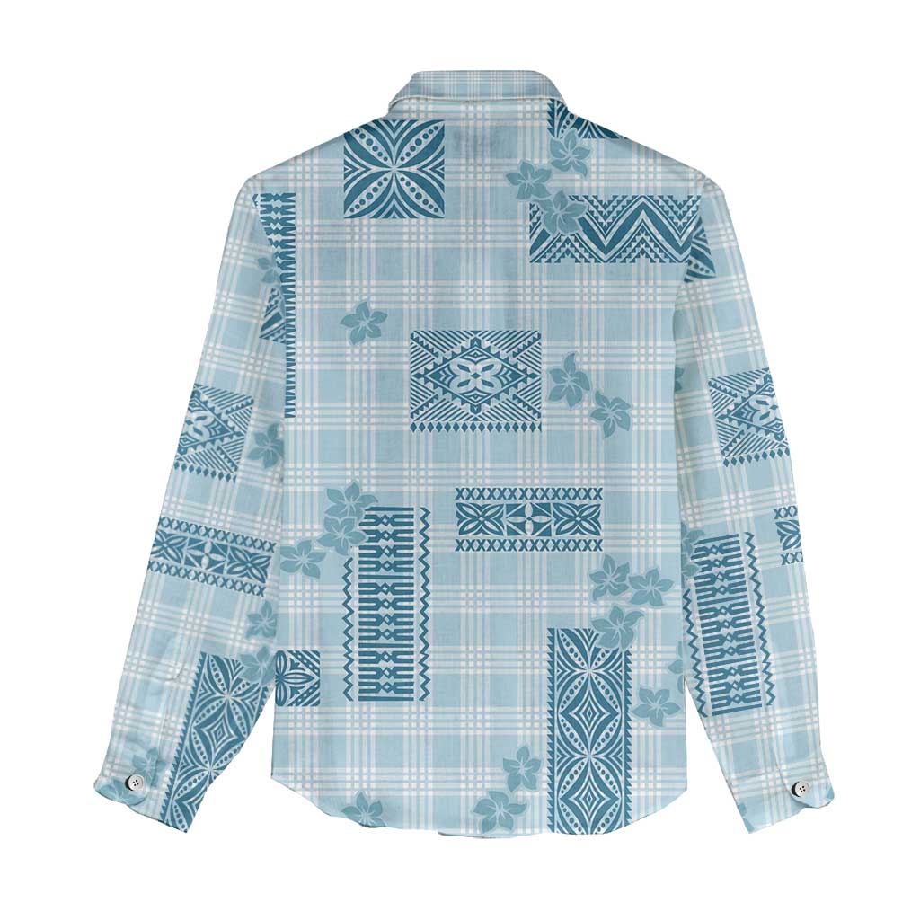Hawaiian Quilt Tapa On Cold Blue Palaka Motifs Women Casual Shirt LT7 - Polynesian Pride