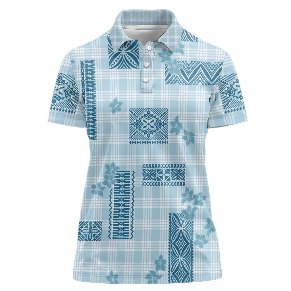 Hawaiian Quilt Tapa On Cold Blue Palaka Motifs Women Polo Shirt LT7 Female Azure - Polynesian Pride