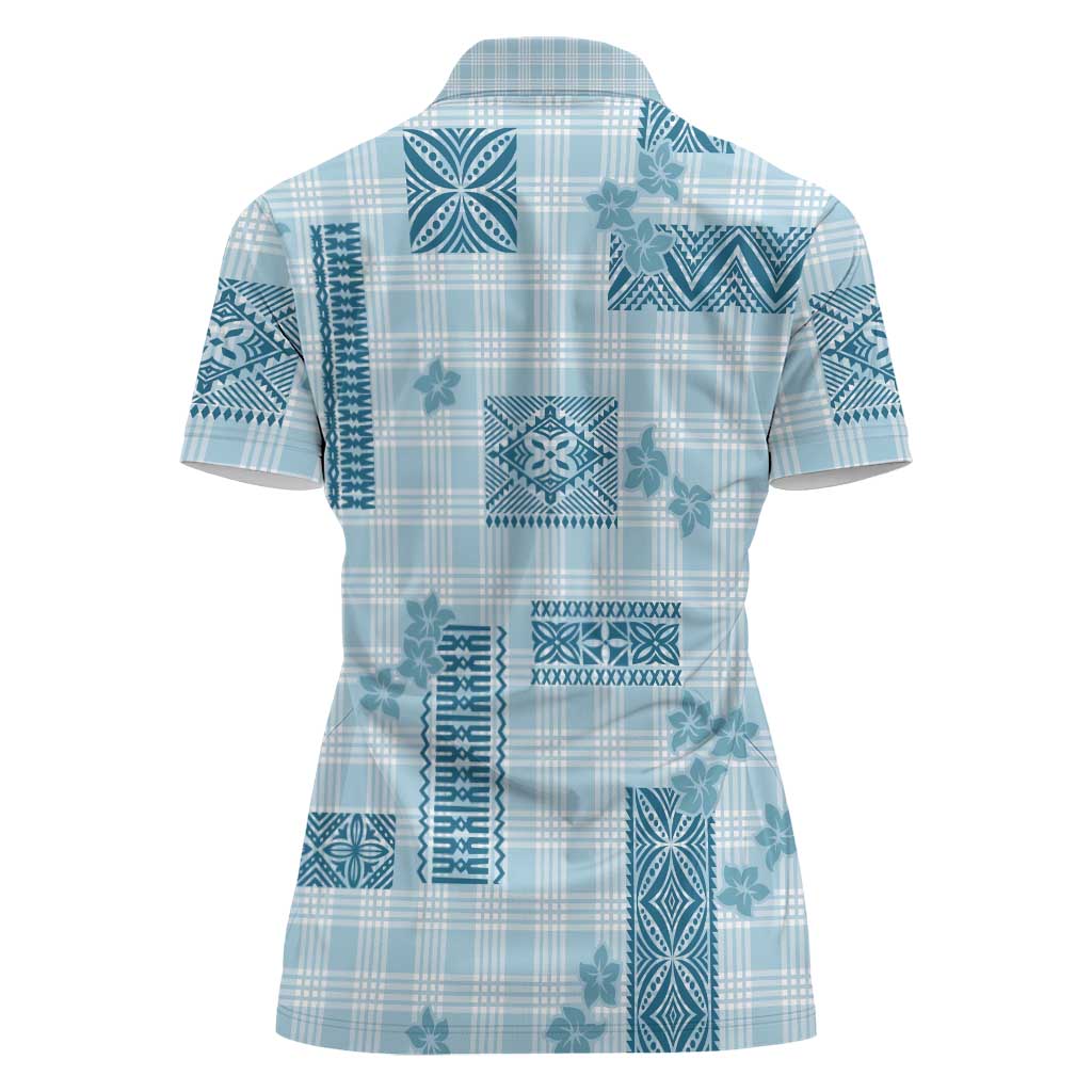 Hawaiian Quilt Tapa On Cold Blue Palaka Motifs Women Polo Shirt LT7 - Polynesian Pride