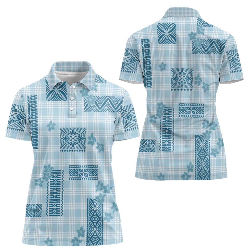 Hawaiian Quilt Tapa On Cold Blue Palaka Motifs Women Polo Shirt LT7 - Polynesian Pride