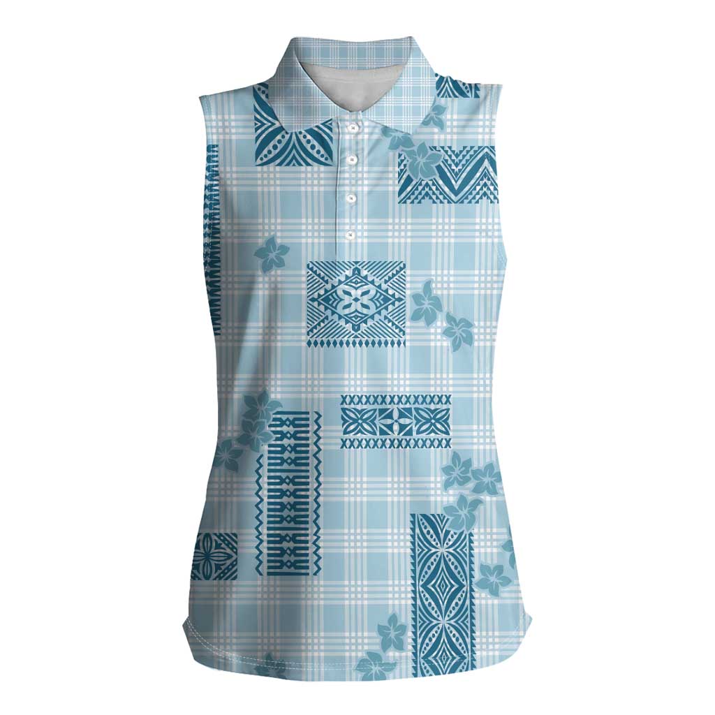 Hawaiian Quilt Tapa On Cold Blue Palaka Motifs Women Sleeveless Polo Shirt LT7 Female Azure - Polynesian Pride