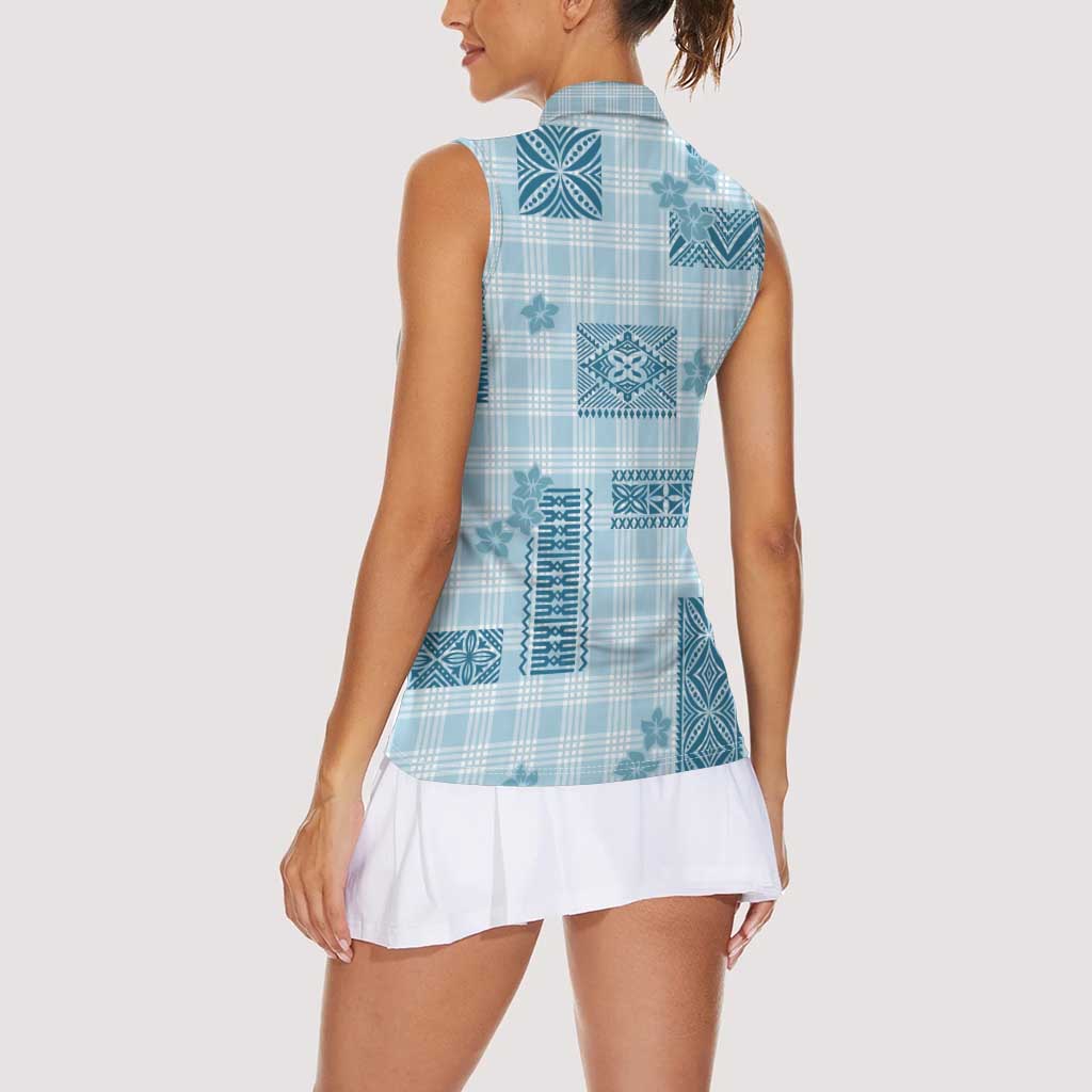 Hawaiian Quilt Tapa On Cold Blue Palaka Motifs Women Sleeveless Polo Shirt LT7 - Polynesian Pride