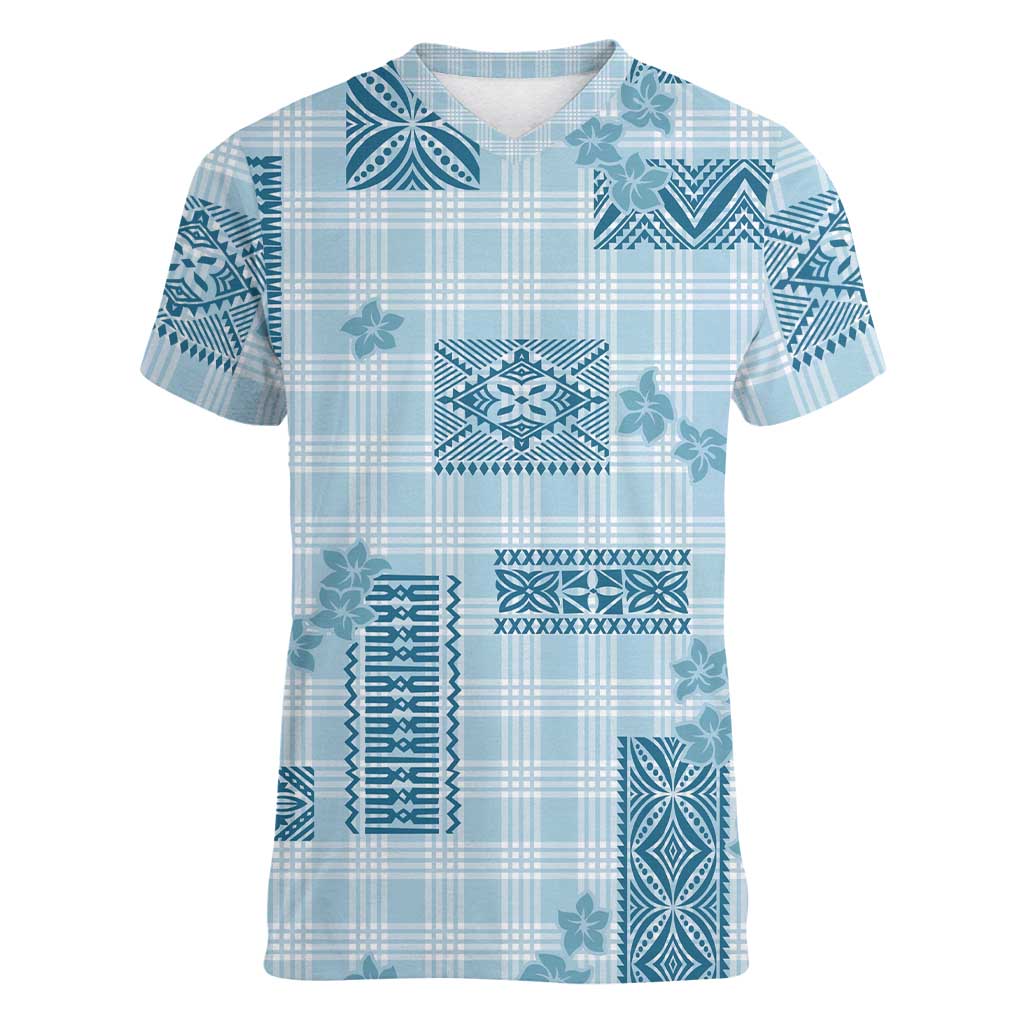 Hawaiian Quilt Tapa On Cold Blue Palaka Motifs Women V-Neck T-Shirt LT7 Female Azure - Polynesian Pride