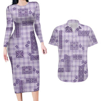 Hawaiian Quilt Tapa On Lilac Palaka Motifs Couples Matching Long Sleeve Bodycon Dress and Hawaiian Shirt