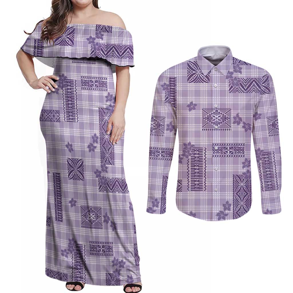 Hawaiian Quilt Tapa On Lilac Palaka Motifs Couples Matching Off Shoulder Maxi Dress and Long Sleeve Button Shirt LT7 Lilac - Polynesian Pride