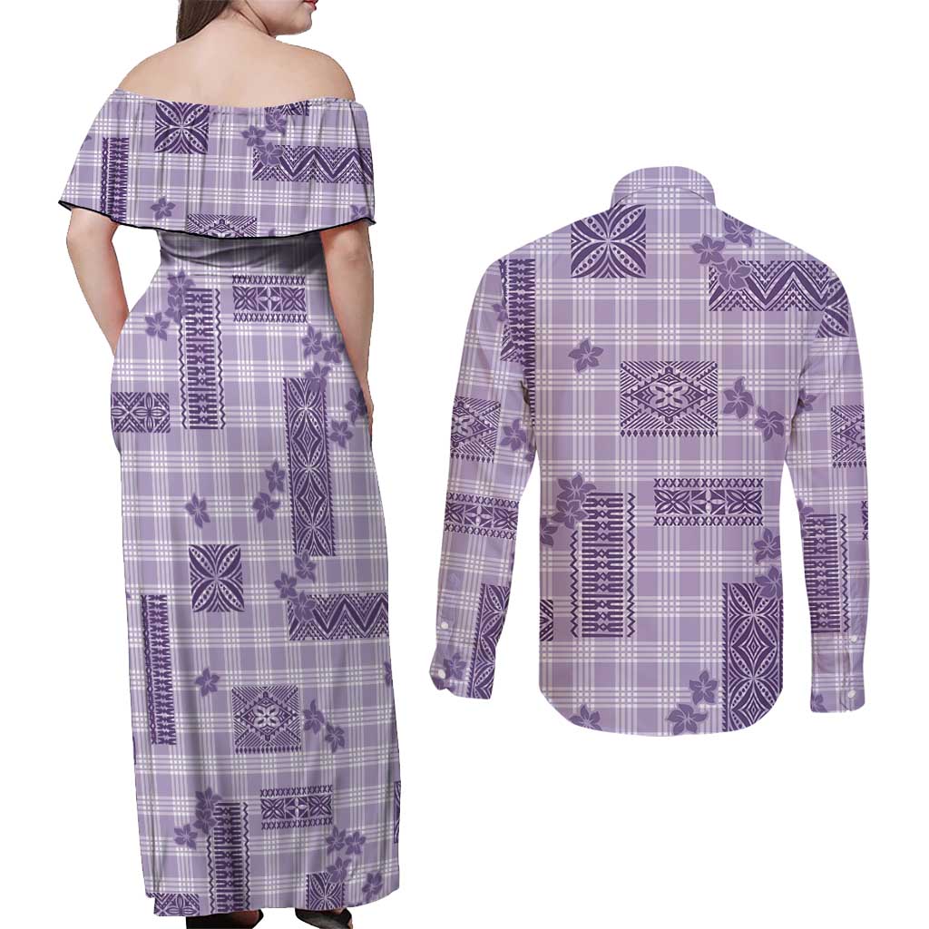 Hawaiian Quilt Tapa On Lilac Palaka Motifs Couples Matching Off Shoulder Maxi Dress and Long Sleeve Button Shirt LT7 - Polynesian Pride