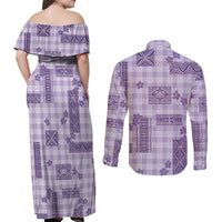 Hawaiian Quilt Tapa On Lilac Palaka Motifs Couples Matching Off Shoulder Maxi Dress and Long Sleeve Button Shirt LT7 - Polynesian Pride