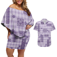 Hawaiian Quilt Tapa On Lilac Palaka Motifs Couples Matching Off Shoulder Short Dress and Hawaiian Shirt LT7 Lilac - Polynesian Pride