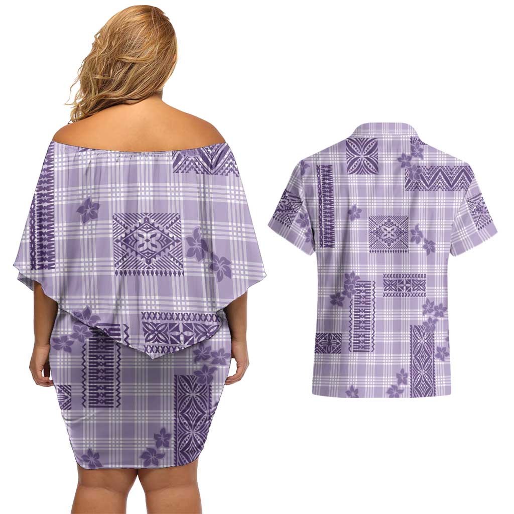 Hawaiian Quilt Tapa On Lilac Palaka Motifs Couples Matching Off Shoulder Short Dress and Hawaiian Shirt LT7 - Polynesian Pride