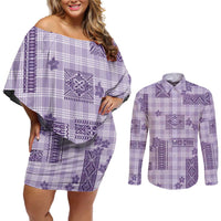 Hawaiian Quilt Tapa On Lilac Palaka Motifs Couples Matching Off Shoulder Short Dress and Long Sleeve Button Shirt LT7 Lilac - Polynesian Pride