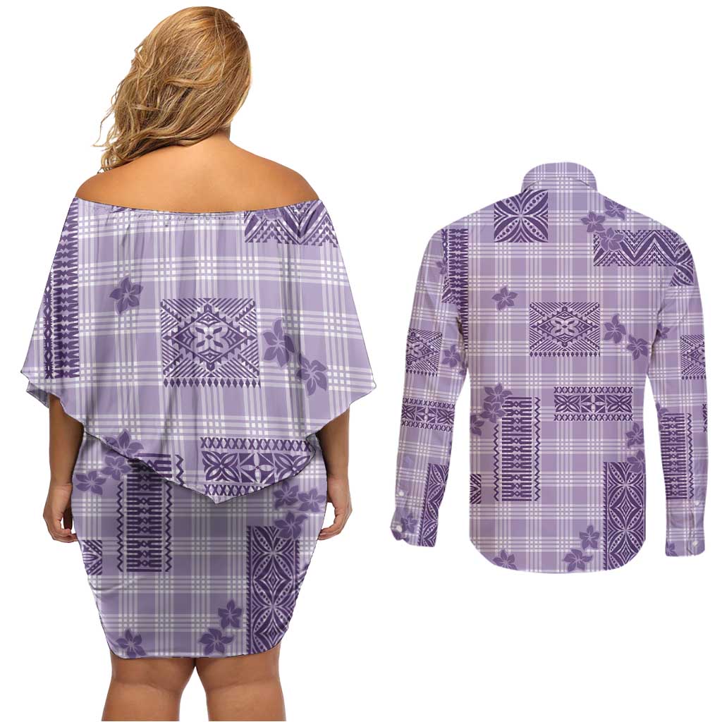 Hawaiian Quilt Tapa On Lilac Palaka Motifs Couples Matching Off Shoulder Short Dress and Long Sleeve Button Shirt LT7 - Polynesian Pride