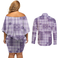 Hawaiian Quilt Tapa On Lilac Palaka Motifs Couples Matching Off Shoulder Short Dress and Long Sleeve Button Shirt LT7 - Polynesian Pride