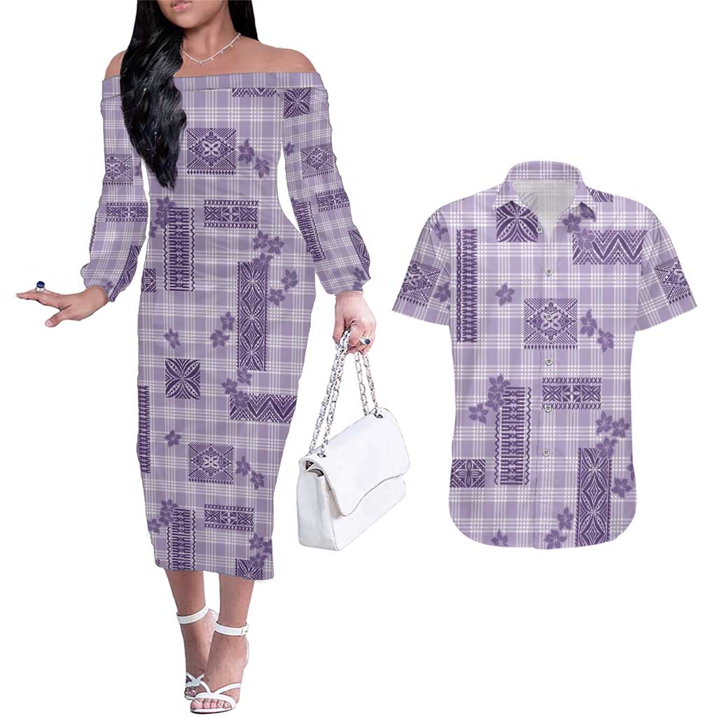Hawaiian Quilt Tapa On Lilac Palaka Motifs Couples Matching Off The Shoulder Long Sleeve Dress and Hawaiian Shirt