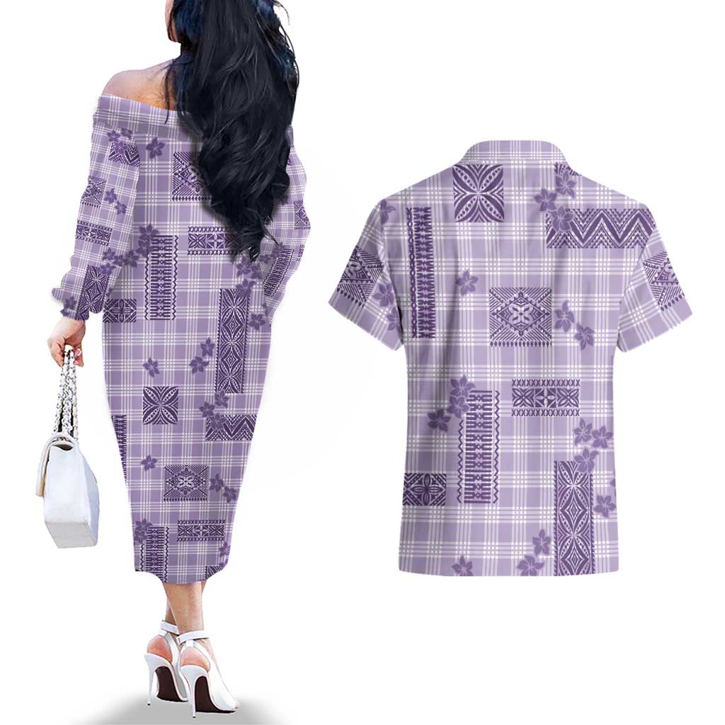 Hawaiian Quilt Tapa On Lilac Palaka Motifs Couples Matching Off The Shoulder Long Sleeve Dress and Hawaiian Shirt