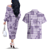 Hawaiian Quilt Tapa On Lilac Palaka Motifs Couples Matching Off The Shoulder Long Sleeve Dress and Hawaiian Shirt