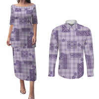 Hawaiian Quilt Tapa On Lilac Palaka Motifs Couples Matching Puletasi and Long Sleeve Button Shirt LT7 Lilac - Polynesian Pride