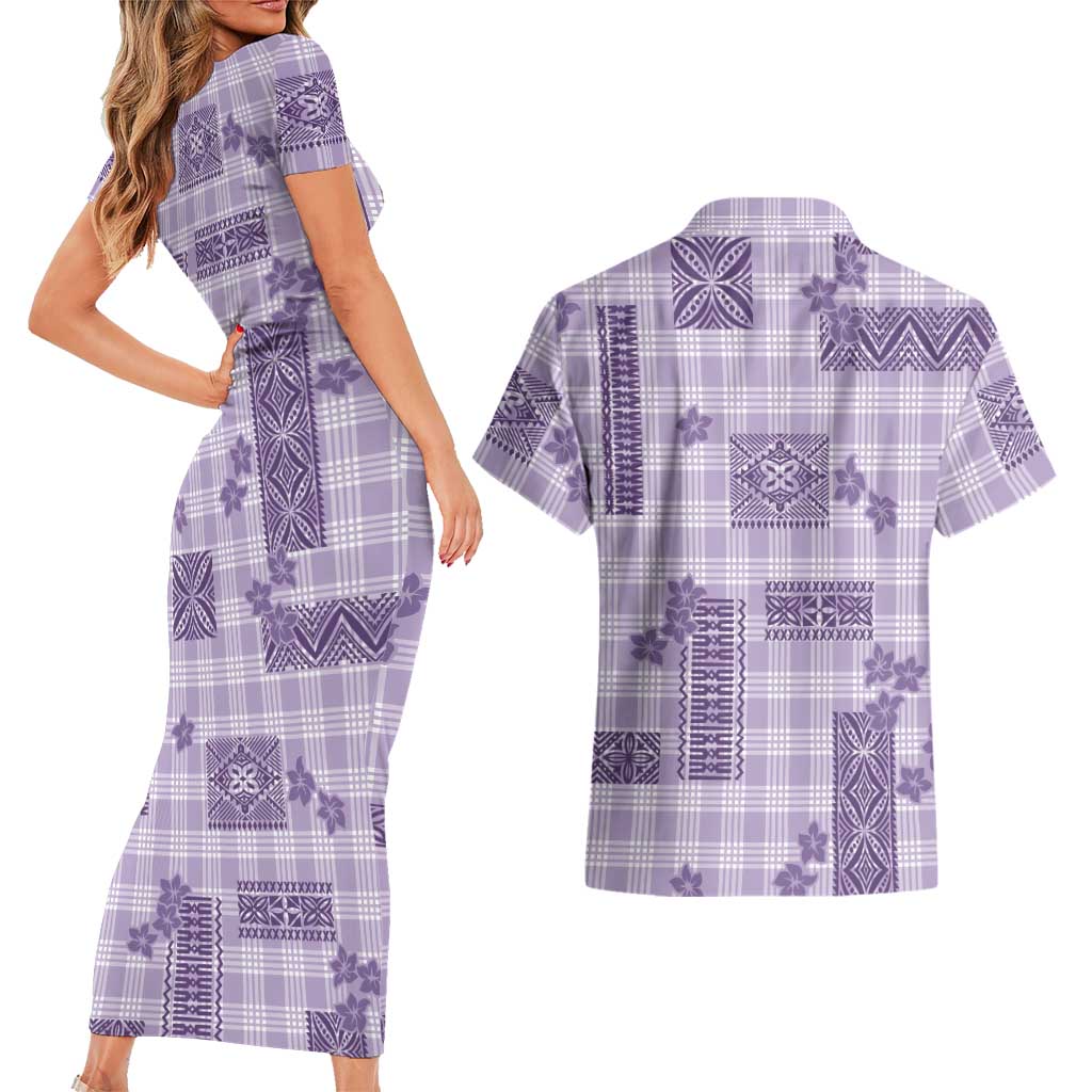 Hawaiian Quilt Tapa On Lilac Palaka Motifs Couples Matching Short Sleeve Bodycon Dress and Hawaiian Shirt