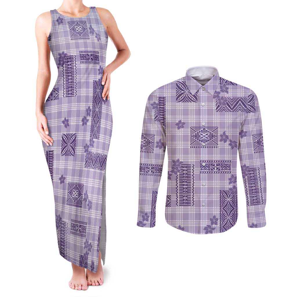 Hawaiian Quilt Tapa On Lilac Palaka Motifs Couples Matching Tank Maxi Dress and Long Sleeve Button Shirt LT7 Lilac - Polynesian Pride