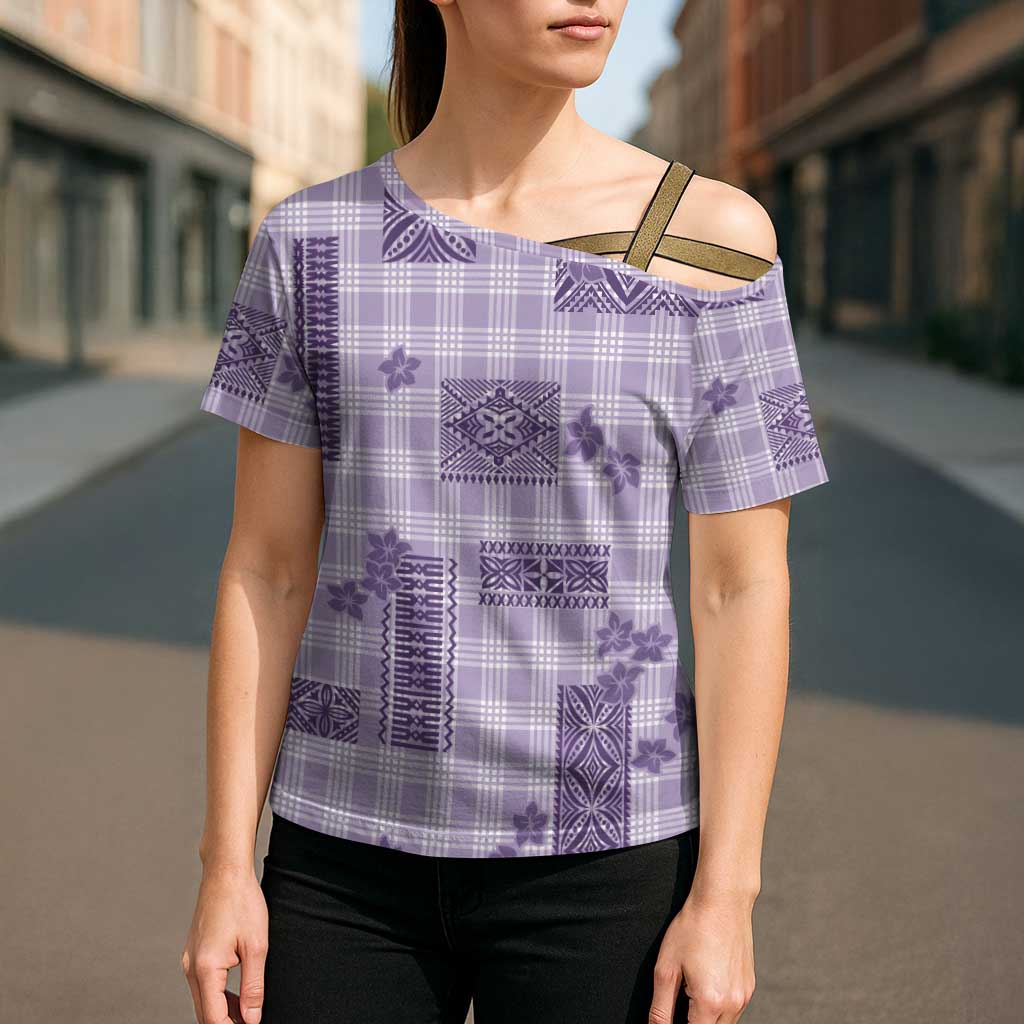 Hawaiian Quilt Tapa On Lilac Palaka Motifs Cross Shoulder Shirt LT7 - Polynesian Pride