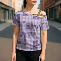 Hawaiian Quilt Tapa On Lilac Palaka Motifs Cross Shoulder Shirt LT7 - Polynesian Pride