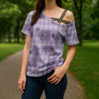 Hawaiian Quilt Tapa On Lilac Palaka Motifs Cross Shoulder Shirt LT7 - Polynesian Pride
