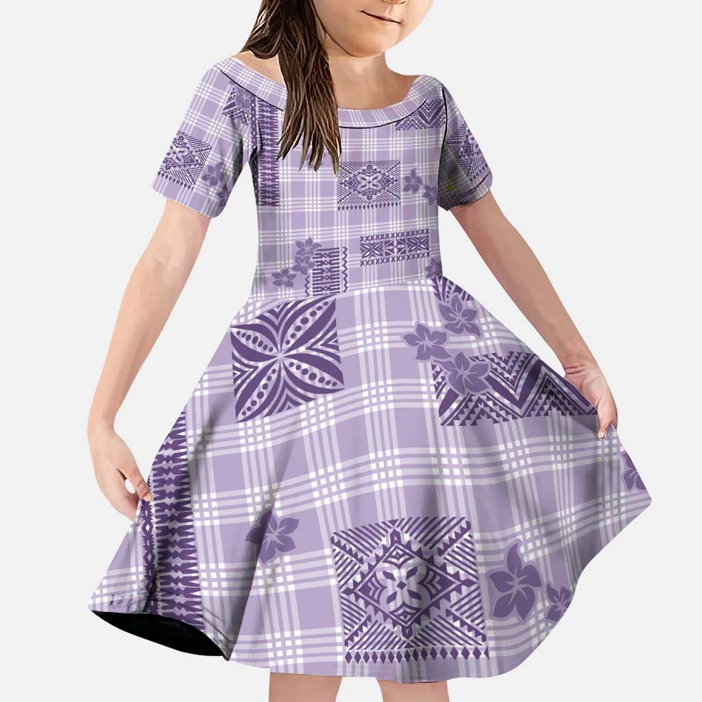 Hawaiian Quilt Tapa On Lilac Palaka Motifs Family Matching Off Shoulder Short Dress and Hawaiian Shirt LT7 Daughter's Dress Lilac - Polynesian Pride