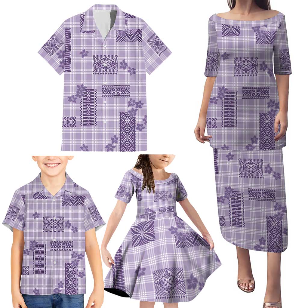 Hawaiian Quilt Tapa On Lilac Palaka Motifs Family Matching Puletasi and Hawaiian Shirt