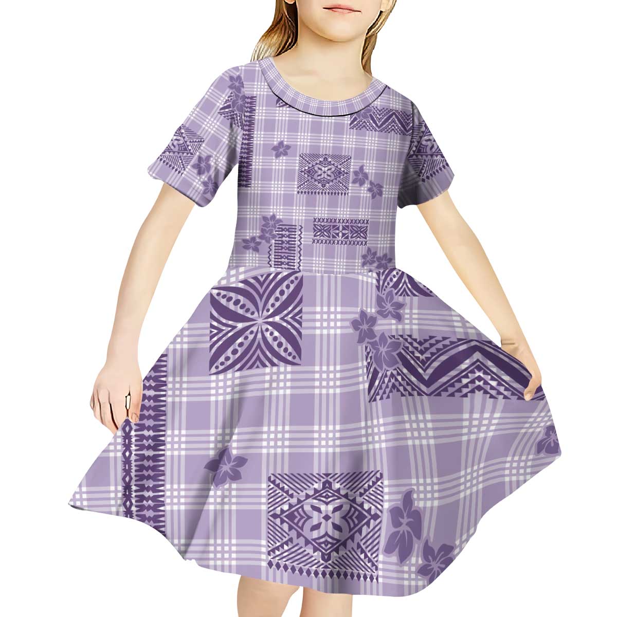 Hawaiian Quilt Tapa On Lilac Palaka Motifs Kid Short Sleeve Dress