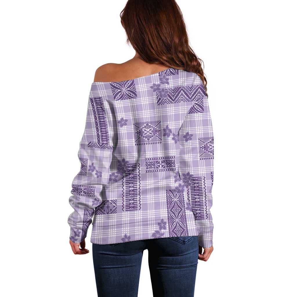 Hawaiian Quilt Tapa On Lilac Palaka Motifs Off Shoulder Sweater