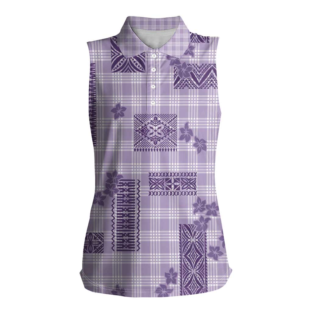 Hawaiian Quilt Tapa On Lilac Palaka Motifs Women Sleeveless Polo Shirt LT7 Female Lilac - Polynesian Pride