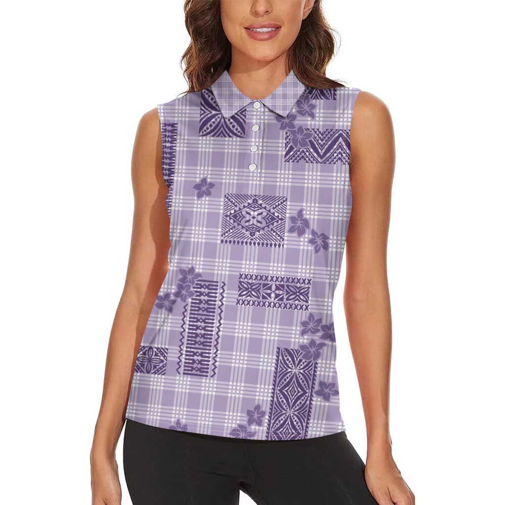Hawaiian Quilt Tapa On Lilac Palaka Motifs Women Sleeveless Polo Shirt LT7 - Polynesian Pride