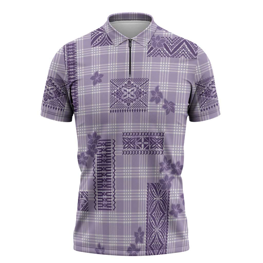 Hawaiian Quilt Tapa On Lilac Palaka Motifs Zipper Polo Shirt LT7 Lilac - Polynesian Pride