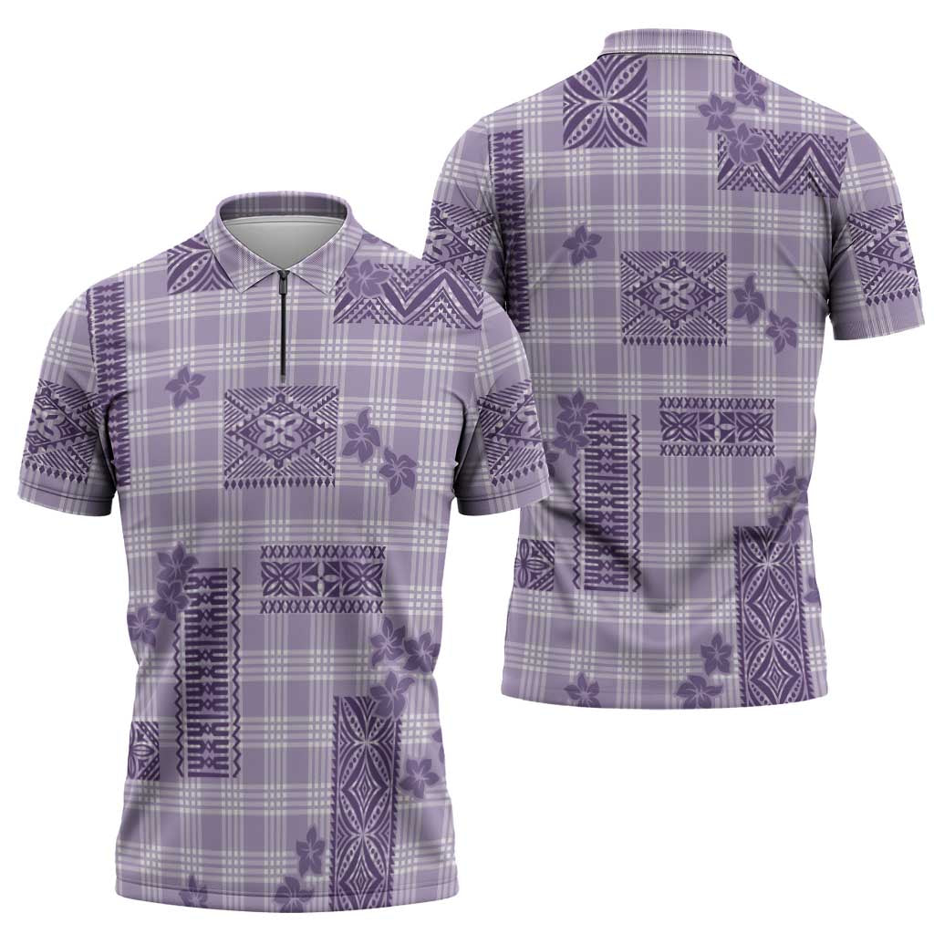 Hawaiian Quilt Tapa On Lilac Palaka Motifs Zipper Polo Shirt LT7 - Polynesian Pride