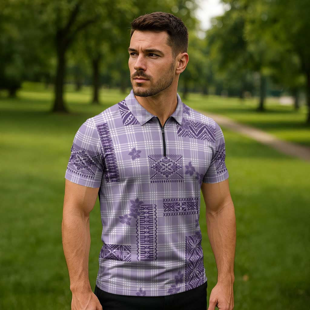 Hawaiian Quilt Tapa On Lilac Palaka Motifs Zipper Polo Shirt LT7 - Polynesian Pride