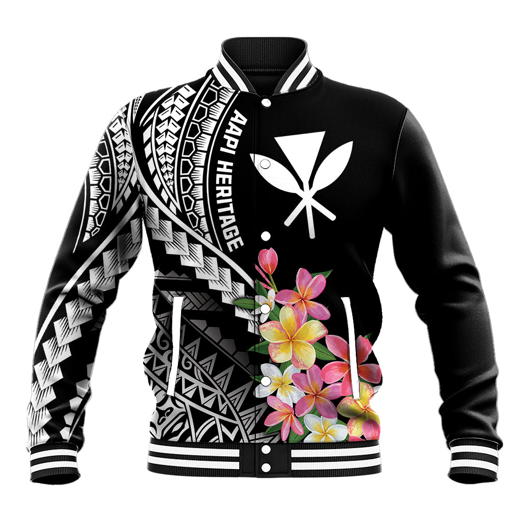 AAPI Heritage Month Baseball Jacket Kanaka Hawaii Plumeria LT7 Unisex Black - Polynesian Pride