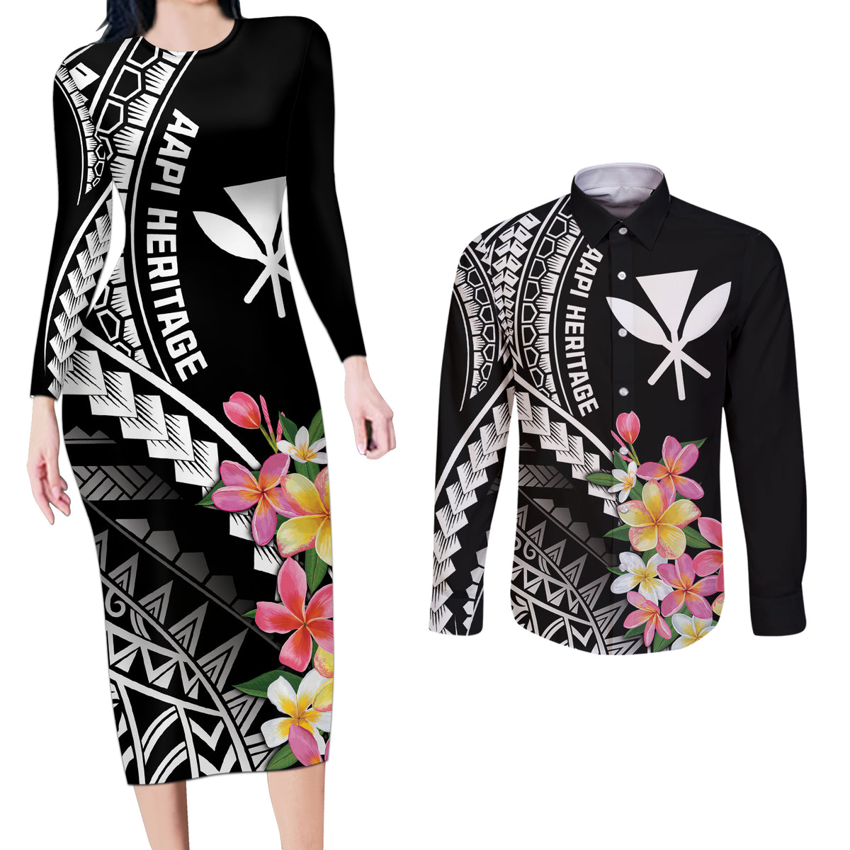 AAPI Heritage Month Couples Matching Long Sleeve Bodycon Dress and Long Sleeve Button Shirt Kanaka Hawaii Plumeria LT7 Black - Polynesian Pride