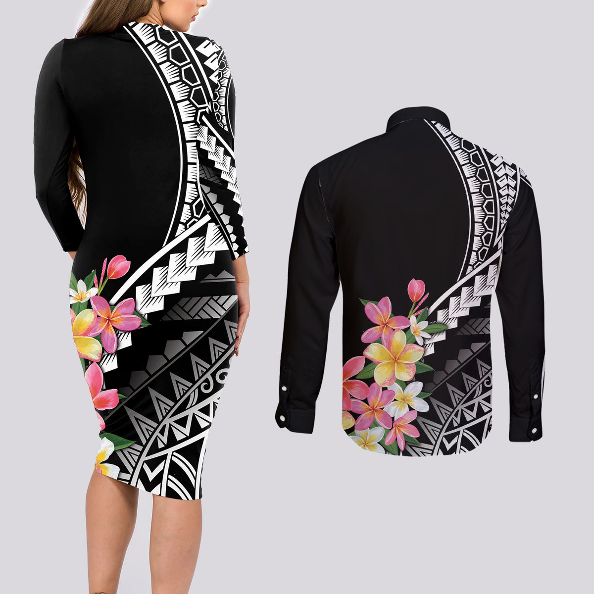 AAPI Heritage Month Couples Matching Long Sleeve Bodycon Dress and Long Sleeve Button Shirt Kanaka Hawaii Plumeria LT7 - Polynesian Pride