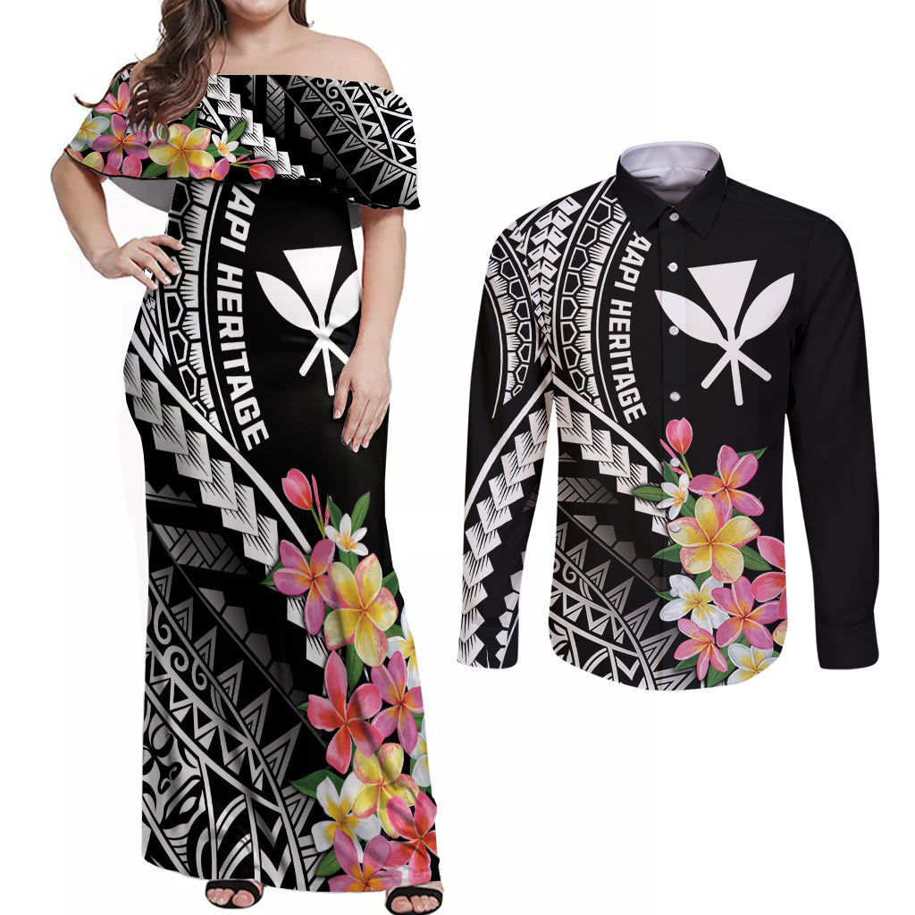AAPI Heritage Month Couples Matching Off Shoulder Maxi Dress and Long Sleeve Button Shirt Kanaka Hawaii Plumeria LT7 Black - Polynesian Pride