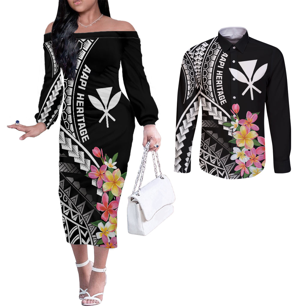 AAPI Heritage Month Couples Matching Off The Shoulder Long Sleeve Dress and Long Sleeve Button Shirt Kanaka Hawaii Plumeria LT7 Black - Polynesian Pride