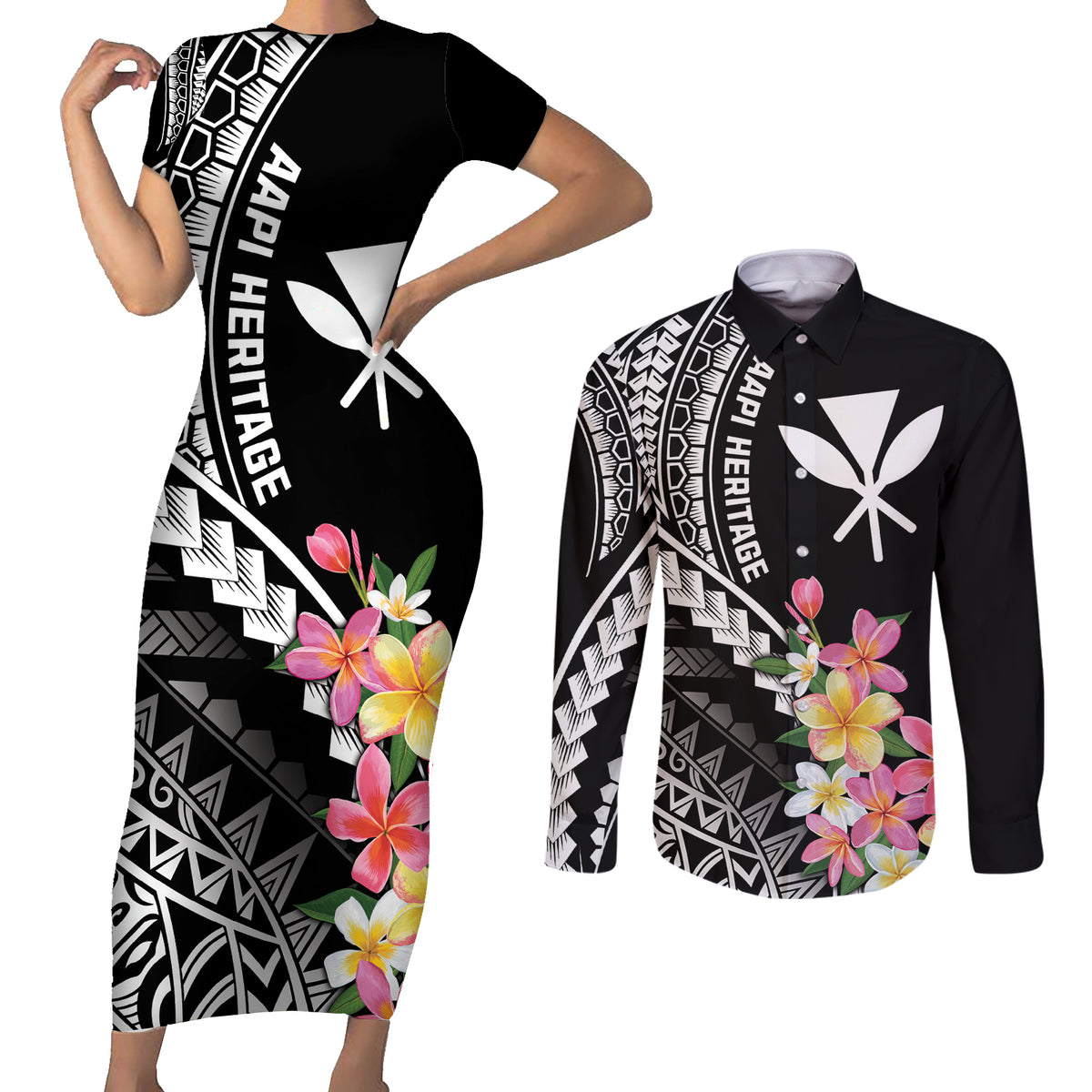 AAPI Heritage Month Couples Matching Short Sleeve Bodycon Dress and Long Sleeve Button Shirt Kanaka Hawaii Plumeria LT7 Black - Polynesian Pride