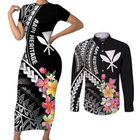 AAPI Heritage Month Couples Matching Short Sleeve Bodycon Dress and Long Sleeve Button Shirt Kanaka Hawaii Plumeria LT7 Black - Polynesian Pride