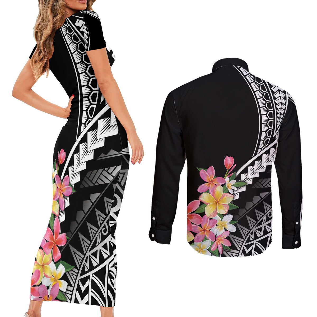 AAPI Heritage Month Couples Matching Short Sleeve Bodycon Dress and Long Sleeve Button Shirt Kanaka Hawaii Plumeria LT7 - Polynesian Pride